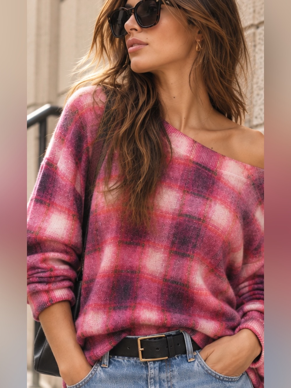 Pilcro by Anthropologie 100% Cashmere Pink Plaid Oversized Pullover Sweater Larg